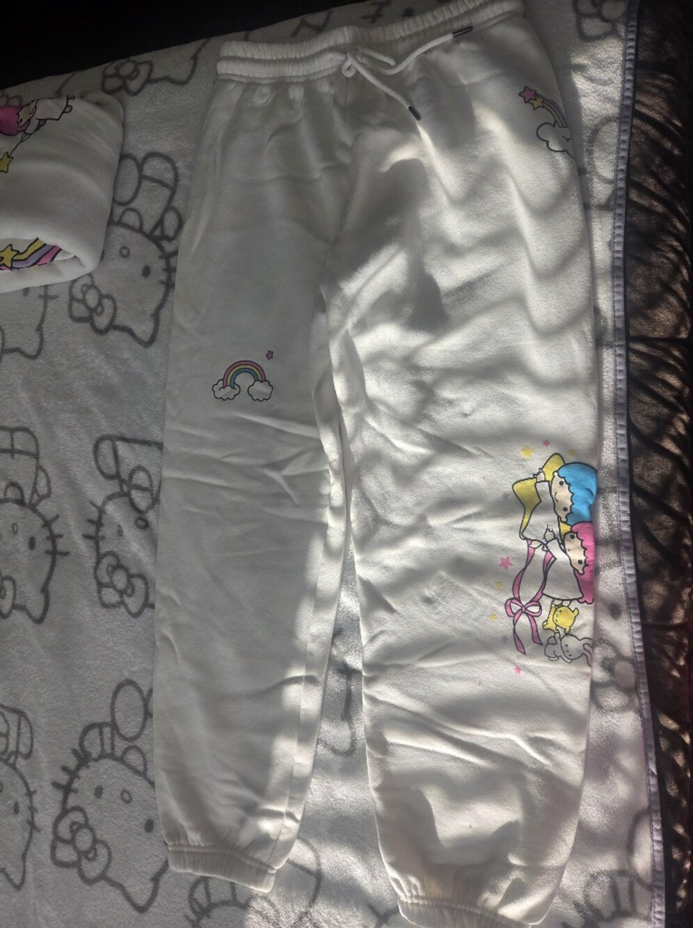 Forever 21 White Track Joggers with Pastel Rainbow & Character Prints